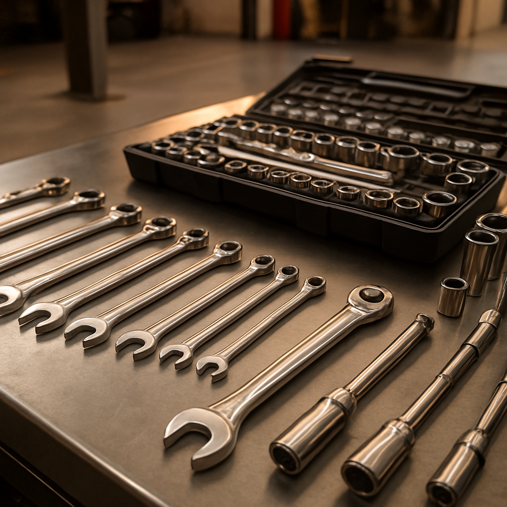 Close-up of professional automotive tools on a workbench at Access Crescent Service Centre